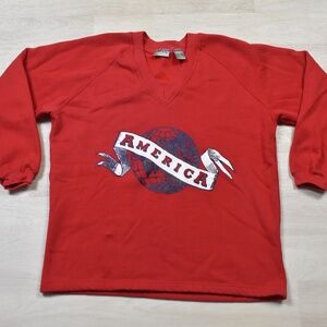 80s French Navy Womens V Neck Sweatshirt AMERICA USA Patriotic Medium VTG